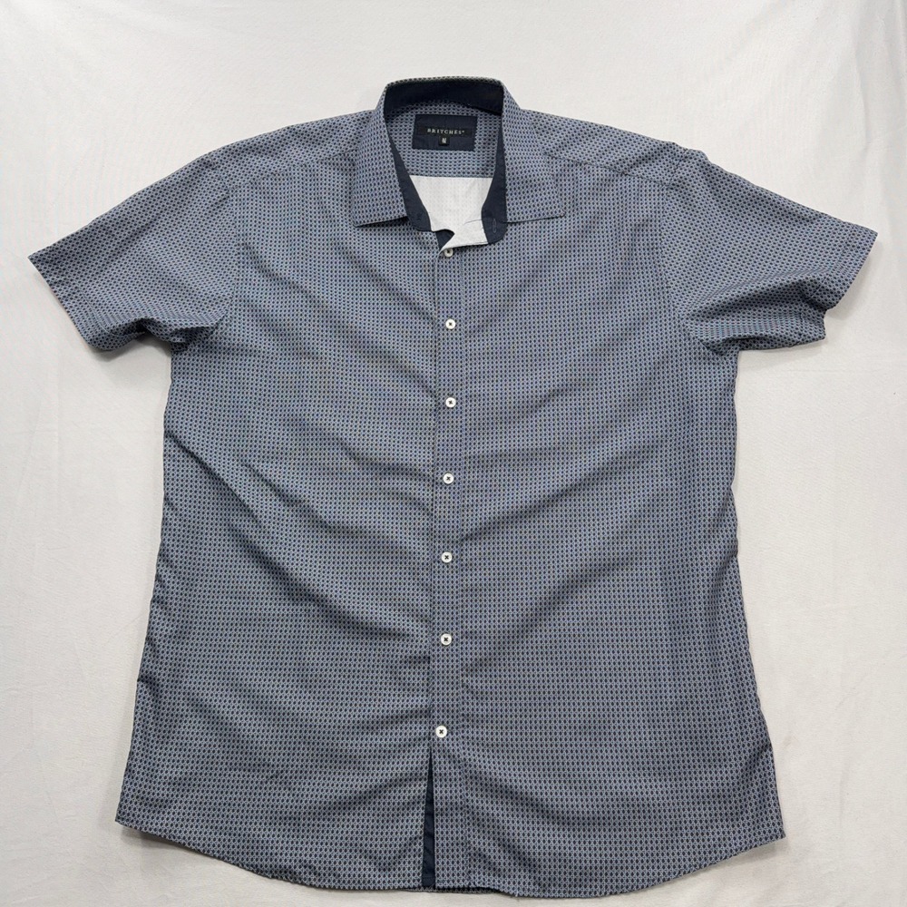 Britches Button Down Shirt Geometric Print Short Sleeve Navy Men Size XLT